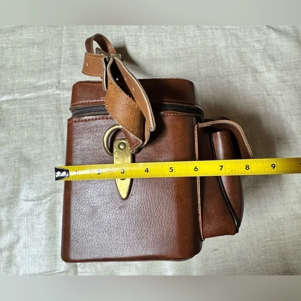 Vintage Leather Camera Bag Case Brown Brass Strap Pocket USA 703 10 x 8 x 6 Inch